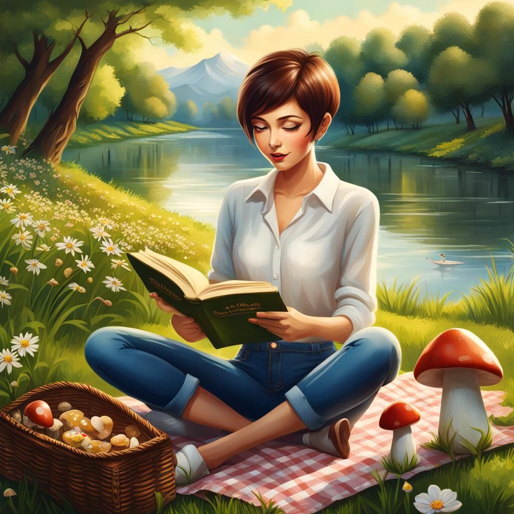 Woman Reading by River, Detailed Matte Painting
