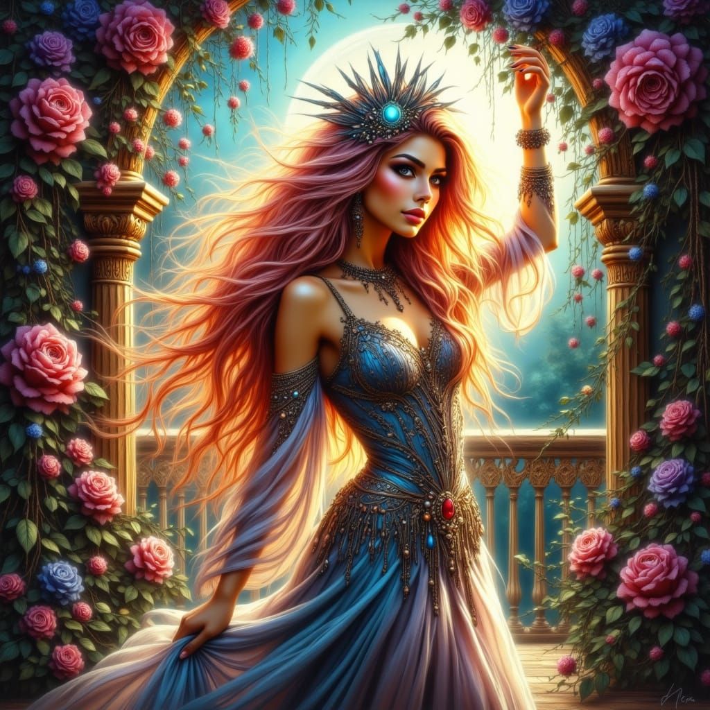 Elven Showgirl Dances in Bioluminescent Cabaret, Art Nouveau