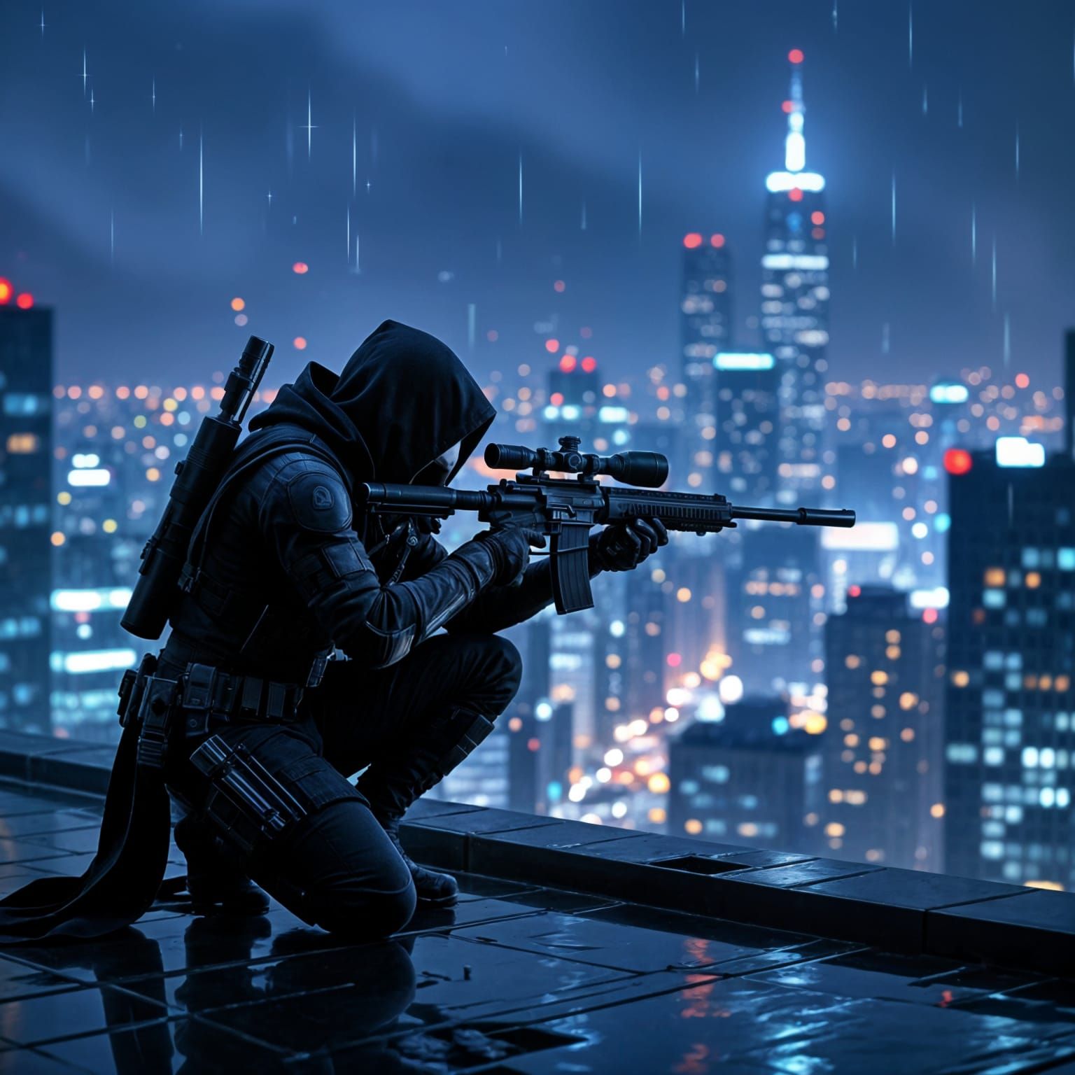 Assassin with Large Gun on Skyscraper Rooftop