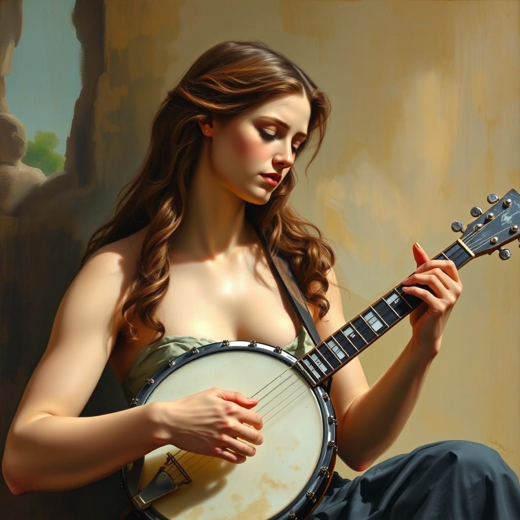 Venus De Milo in a Blue Jeans Setting, Playing a Banjo