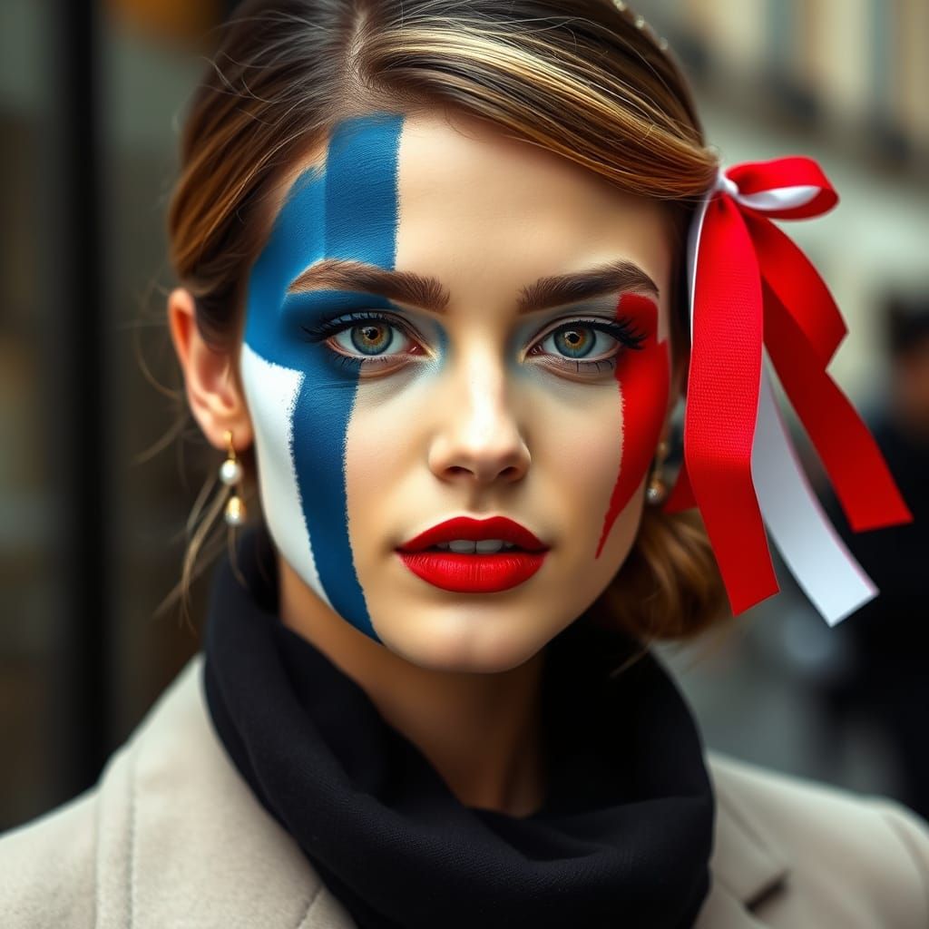 Modern Marianne: Parisian Woman in Tricolor Makeup