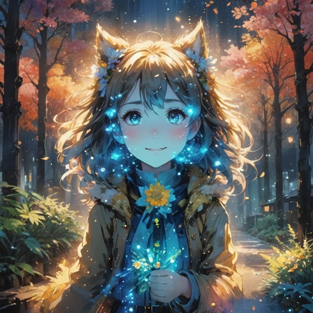 Anime Girl in Fantasy World with Watercolor Textures