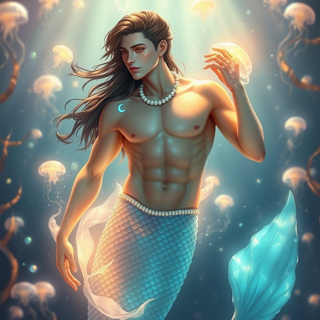 Majestic Androgynous Merman Radiates Ethereal Aura in Dreaml...