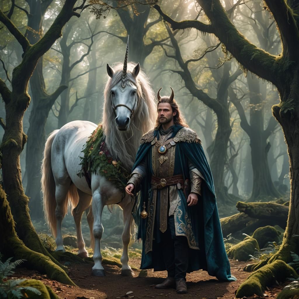 Mystical Forest Portrait with Unicorn in Ethereal Style
