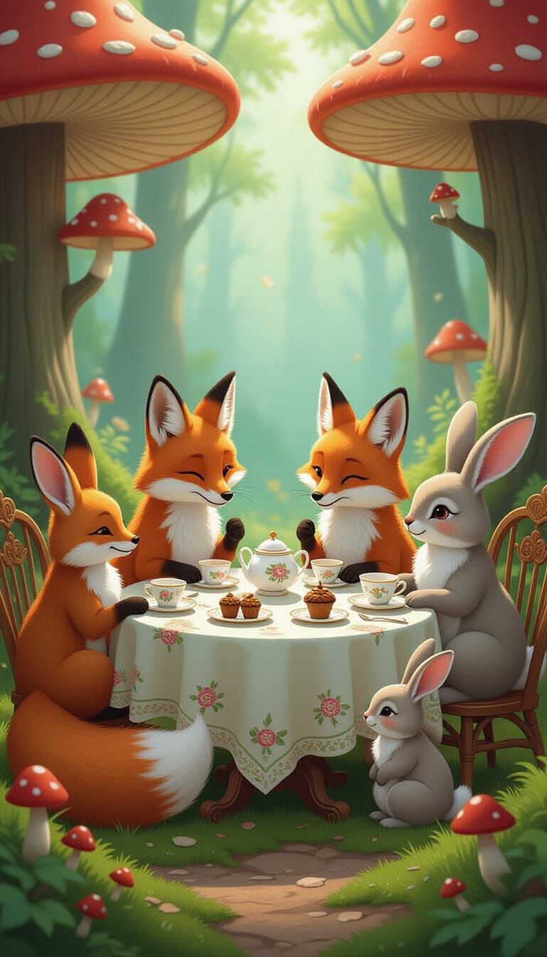Whimsical Tea Party in Mushroom Forest, Storybook Illustrati...