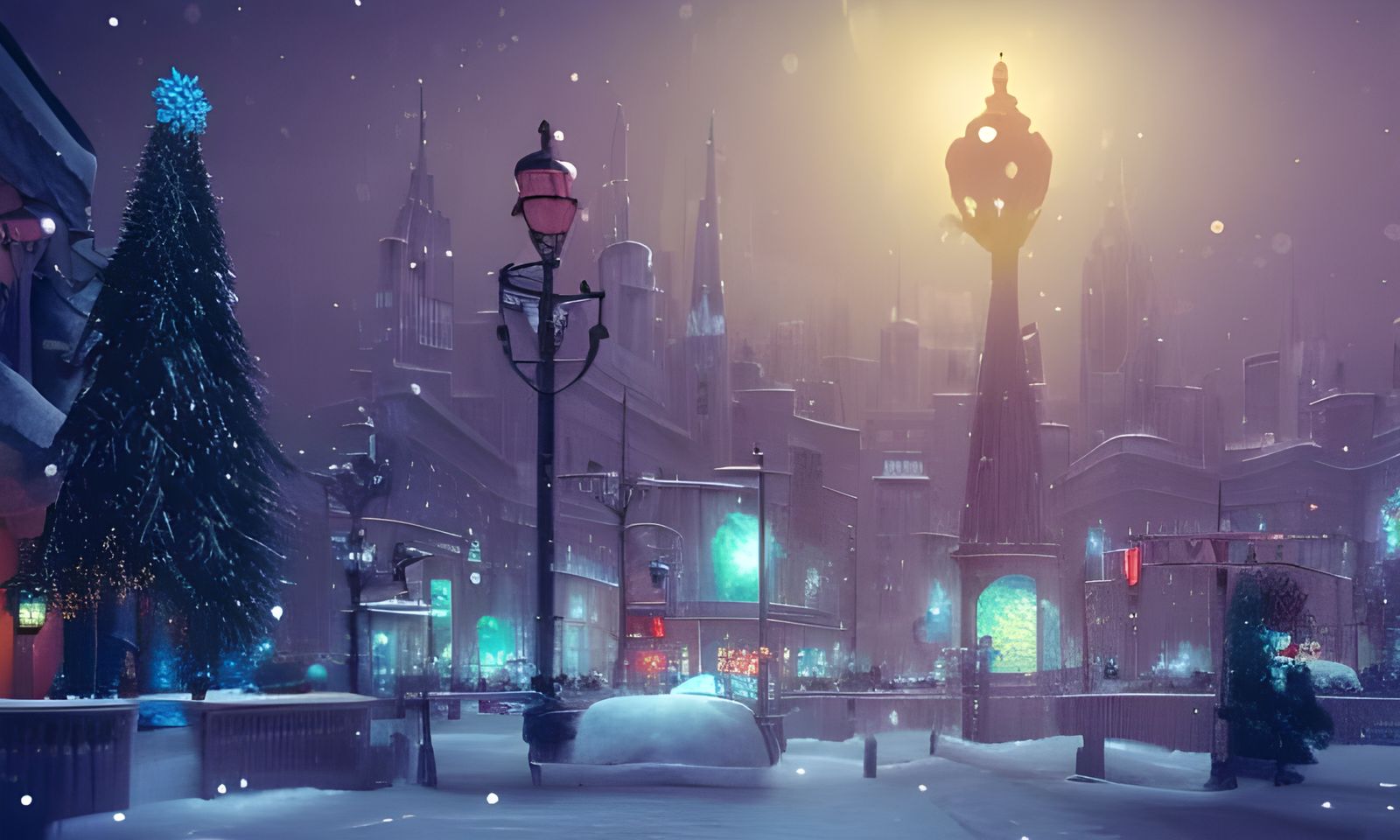City Christmas Lights in Winter Snowfall