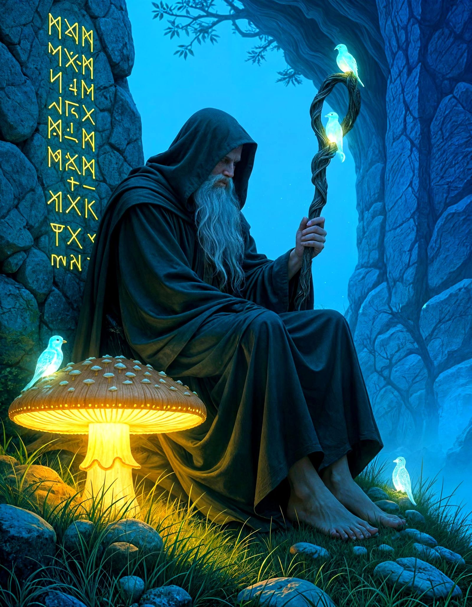 Mage Meditates on Bioluminescent Mushroom, Fantasy Art