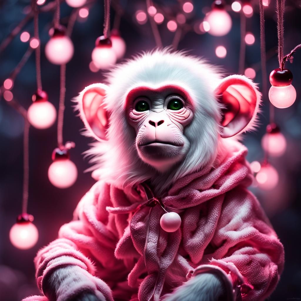 Albino Monkey in Cherry Costume: Surreal Concept Art