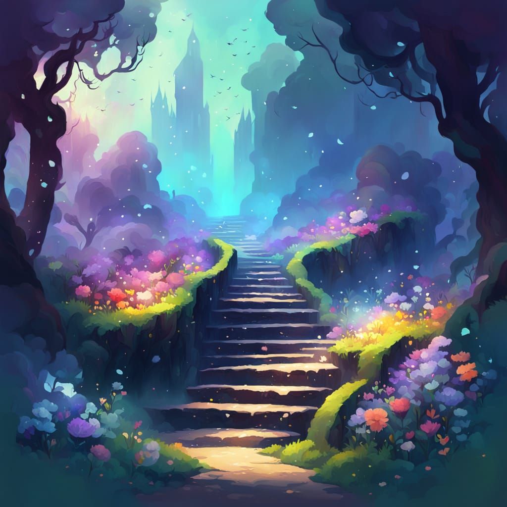 Fantasy World Path with Sparkling Flower Staircase