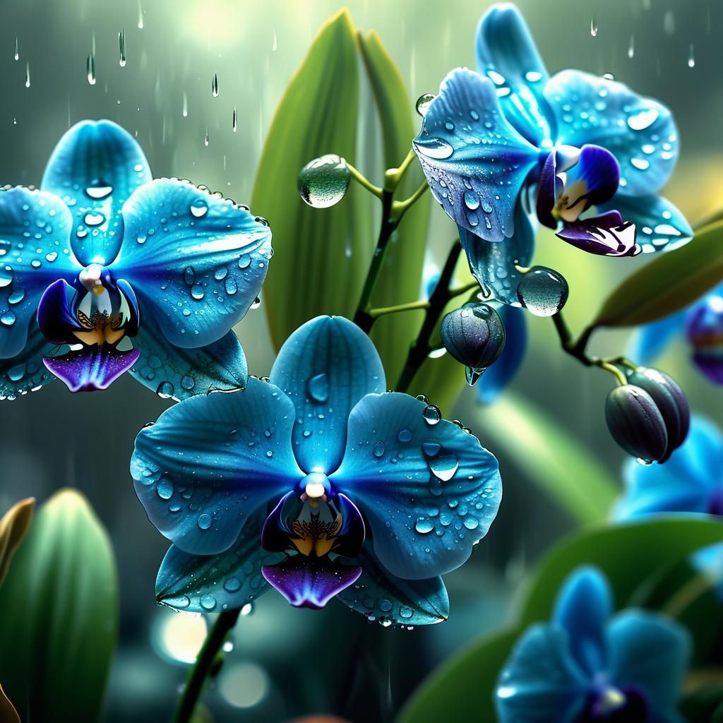 Blue Orchids in Macro: Hyper-Realistic Digital Art