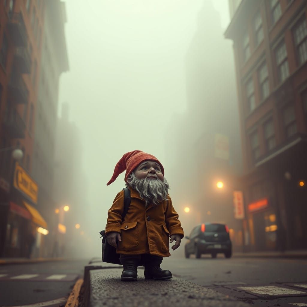 Gnome Traveler Basks in Ominous Urban 4K Panorama
