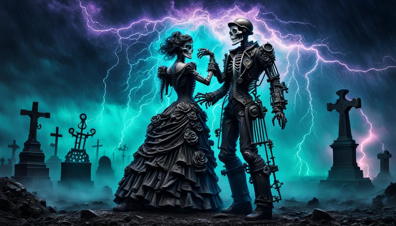 Skeleton Lovers Dancing in a Neon Storm