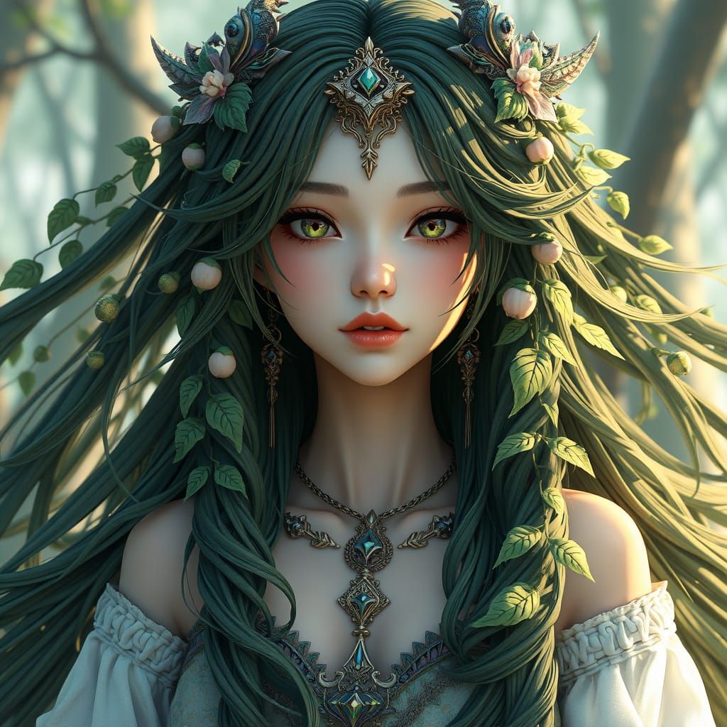 Cyberpunk Goddess of Forest in 3D Anime Art Style