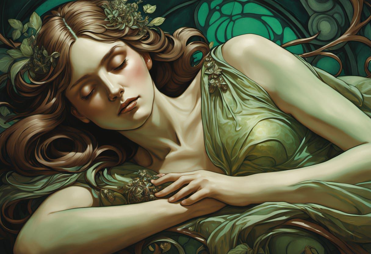Surreal Art Nouveau Dreamscape with Sleeping Giant Girl