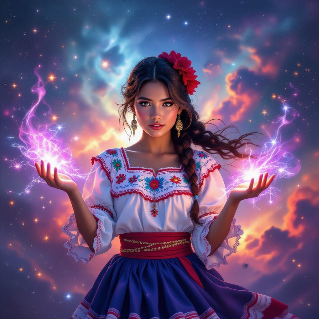 Mexican Woman with Cosmic Energy in Hyperrealistic Style