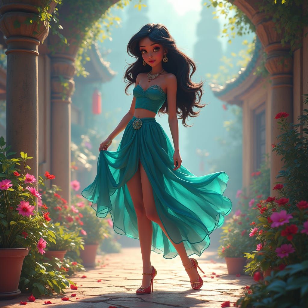 Elegant Woman in Vibrant Scene: Digital Matte Painting