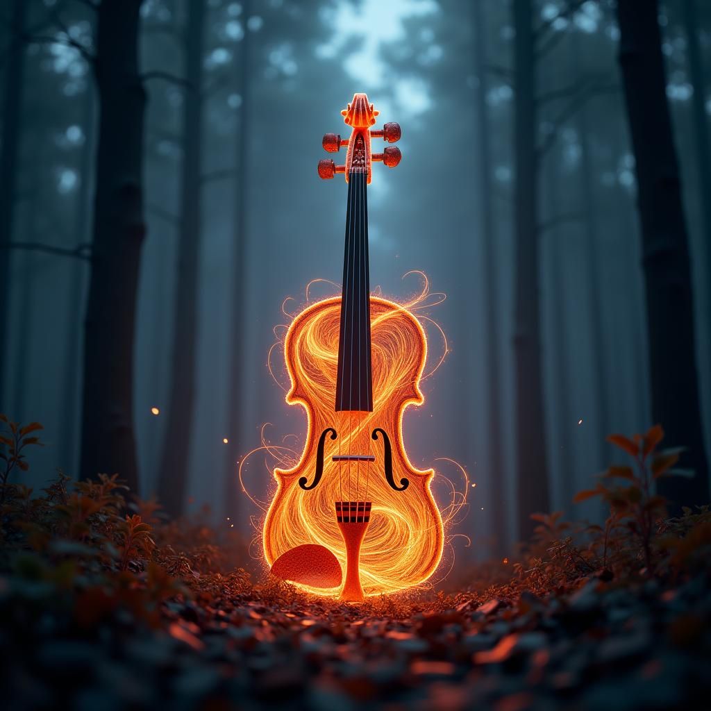 Luminous Violin Radiating Energy in Mystical Forest