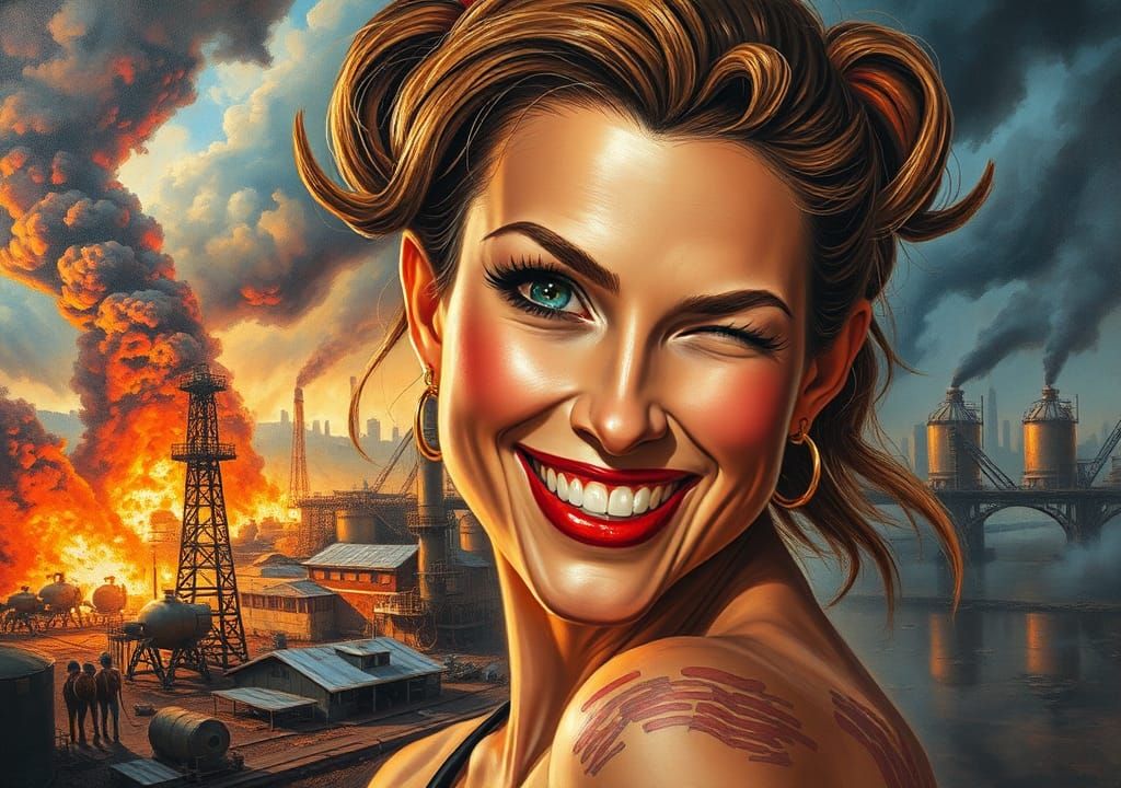 Harley Quinn in an Oil Town, Gurney-style Painting