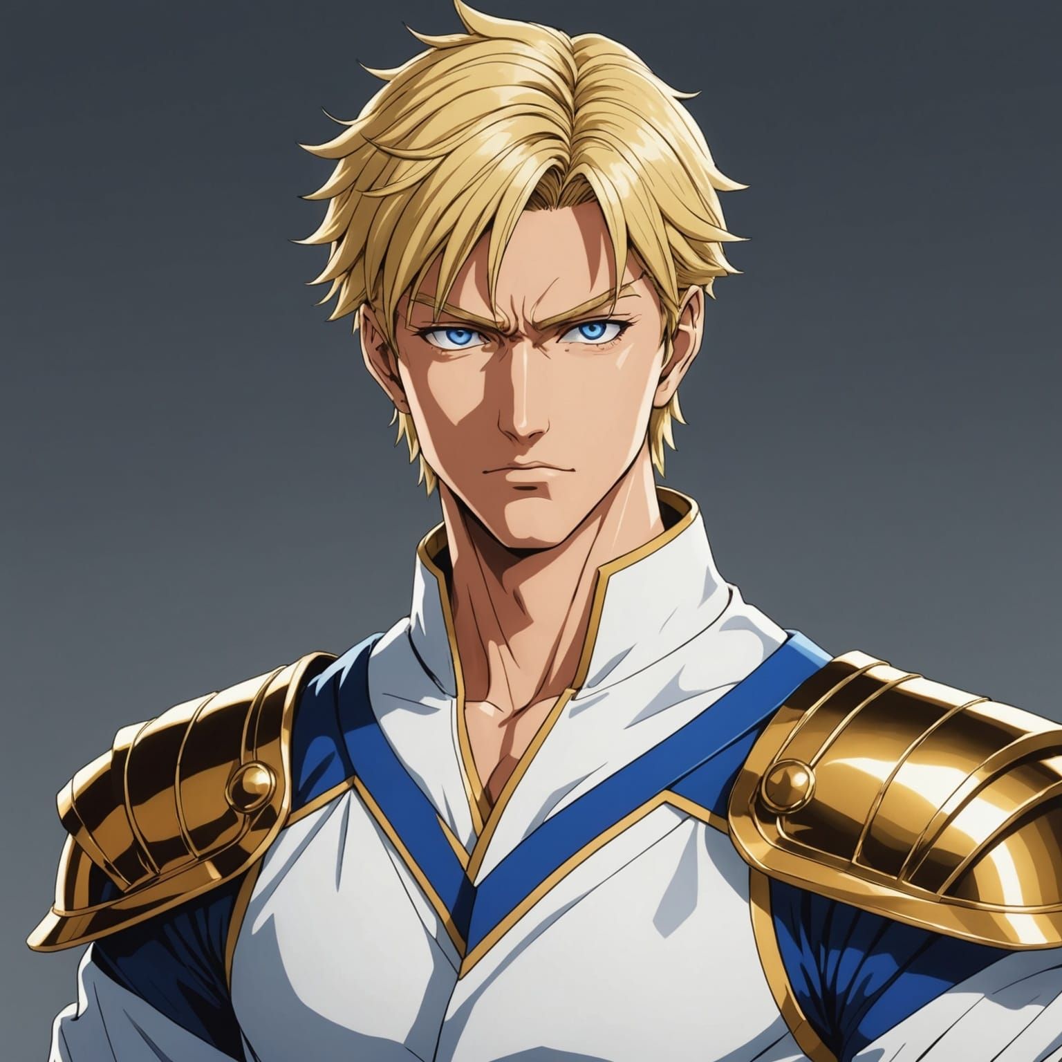 Stern Blond Man in White and Gold Anime Style