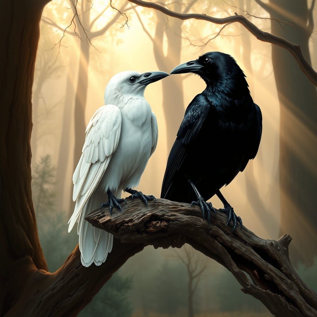 Black and White Ravens on Ancient Oak Branch