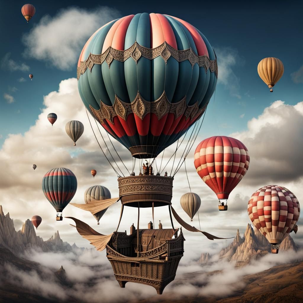 Surreal Hot Air Balloon in a Fantastical Landscape