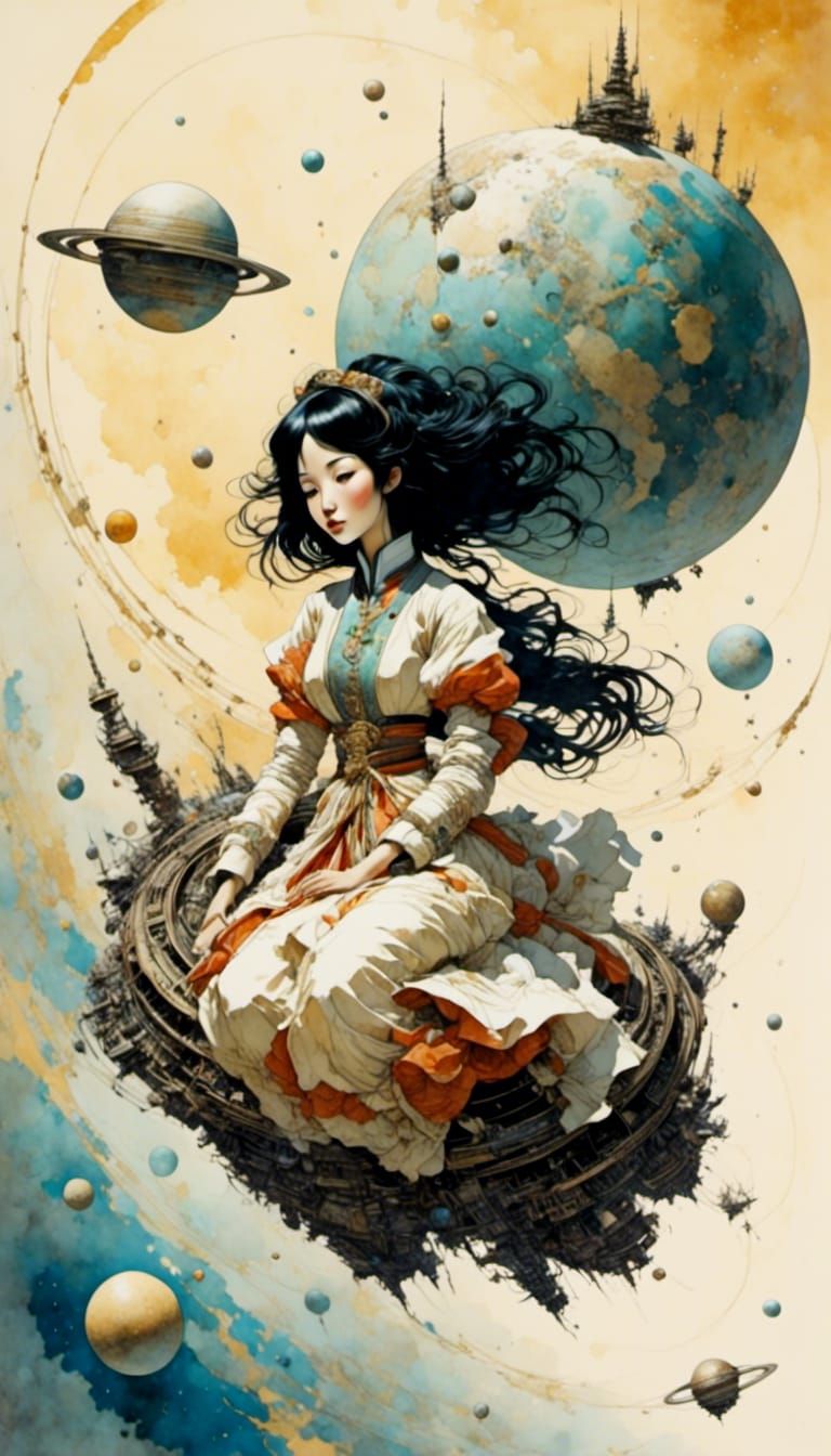 Korean Girl in Hanbok Floating in Space
