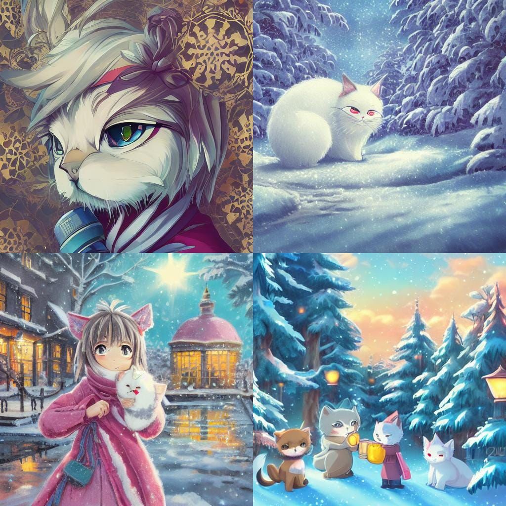 Cute White Cat in Snow, Anime Style
