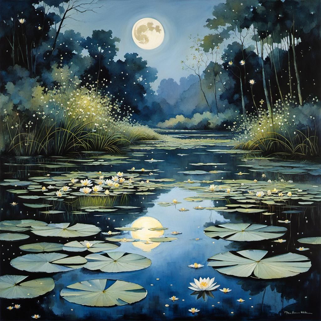 Water Lilies on Peaceful Lake at Night