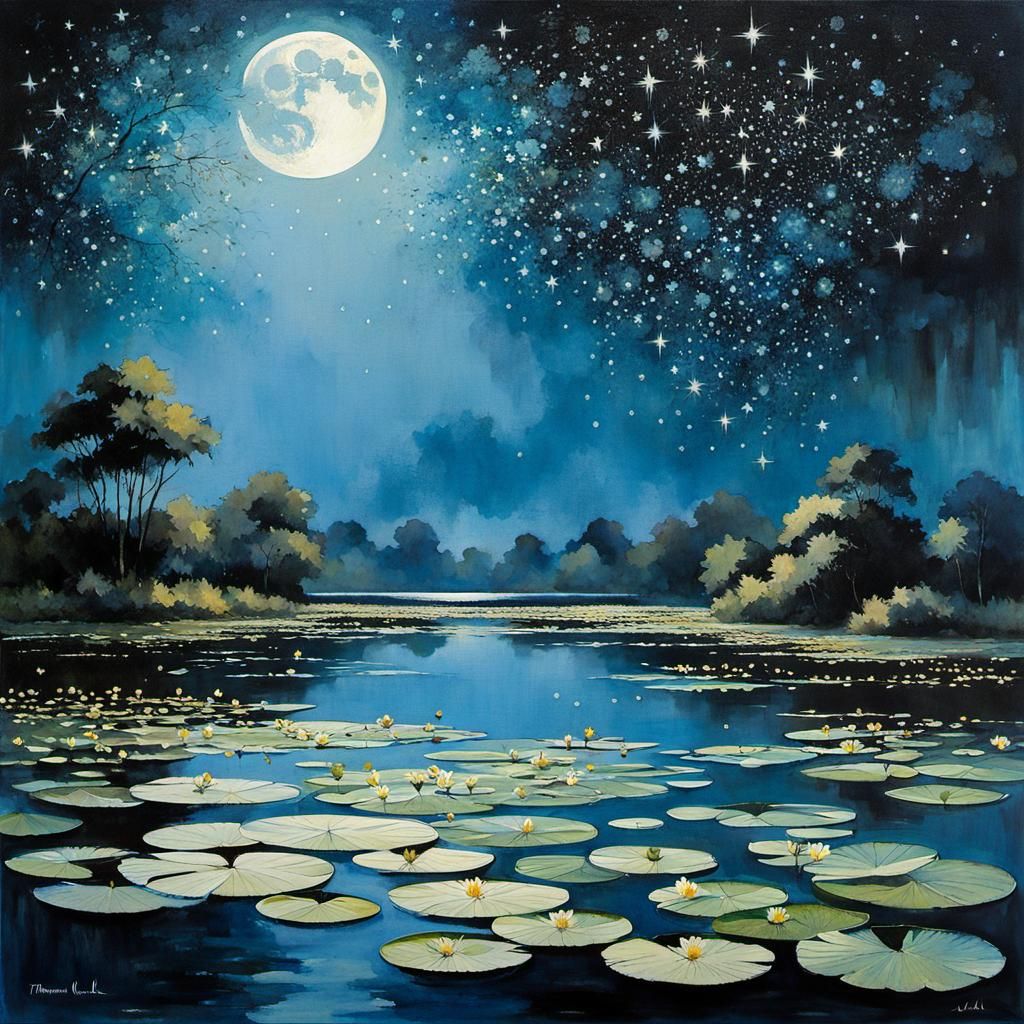 Peaceful Water Lily Scene Under Starry Night Sky
