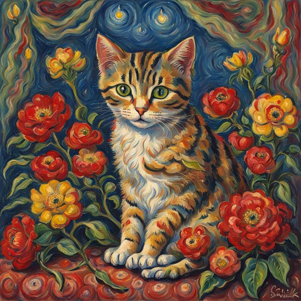 Cute Cat Surrounded by Flowers in Avant-Garde Style