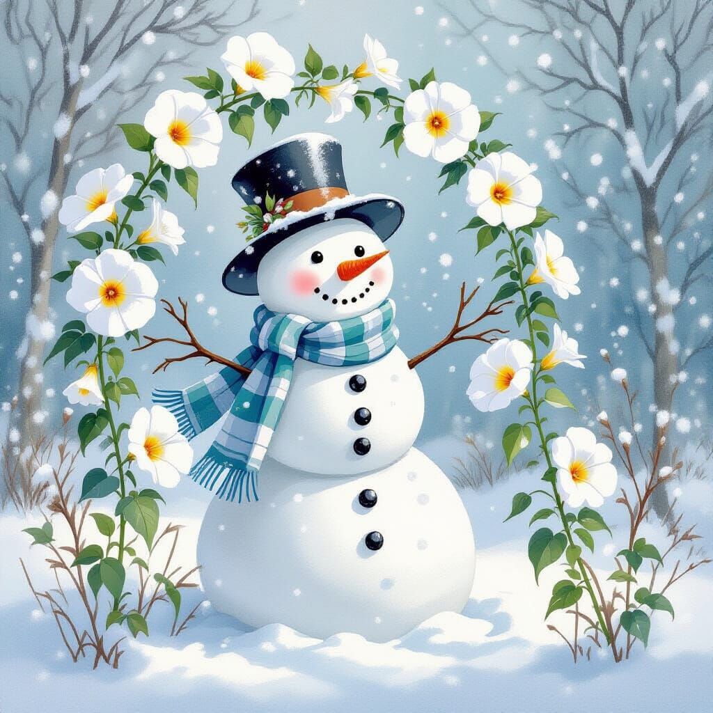 Whimsical Snowman with Morning Glories in Watercolor Botanic...