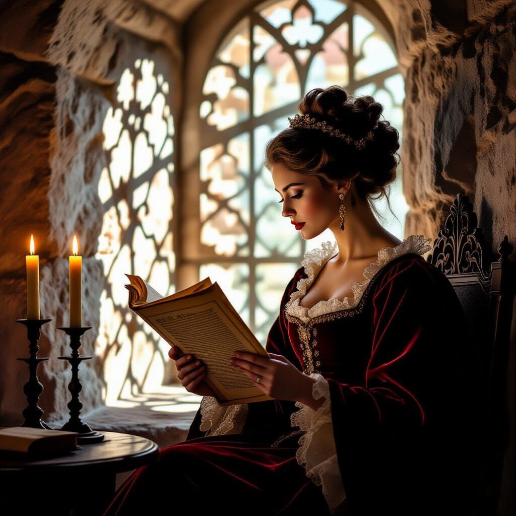 Noblewoman Reading by Candlelight in Stone Chambers