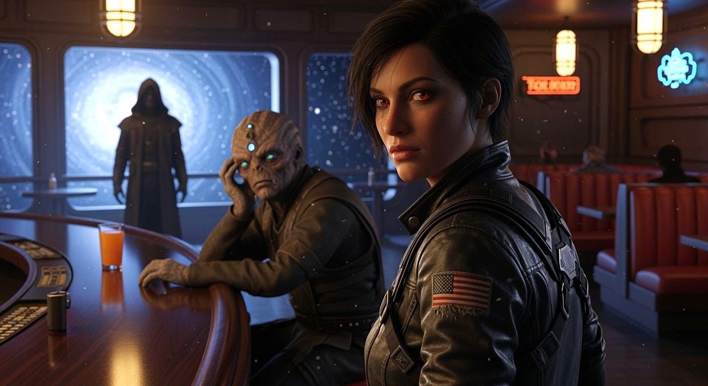 Atmospheric Sci-Fi Cantina With Red-Eyed Woman