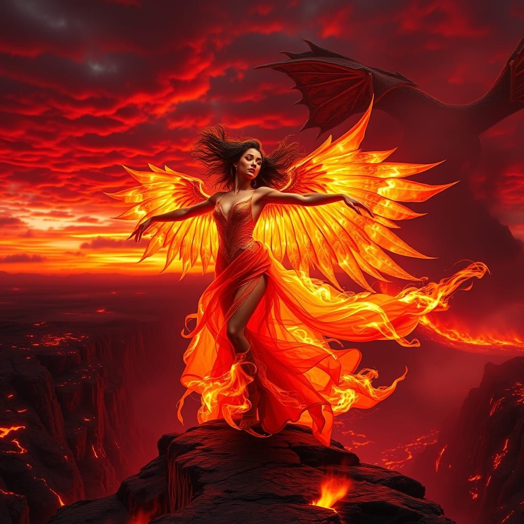 Fiery Dancer with Phoenix Wings on Volcanic Cliff