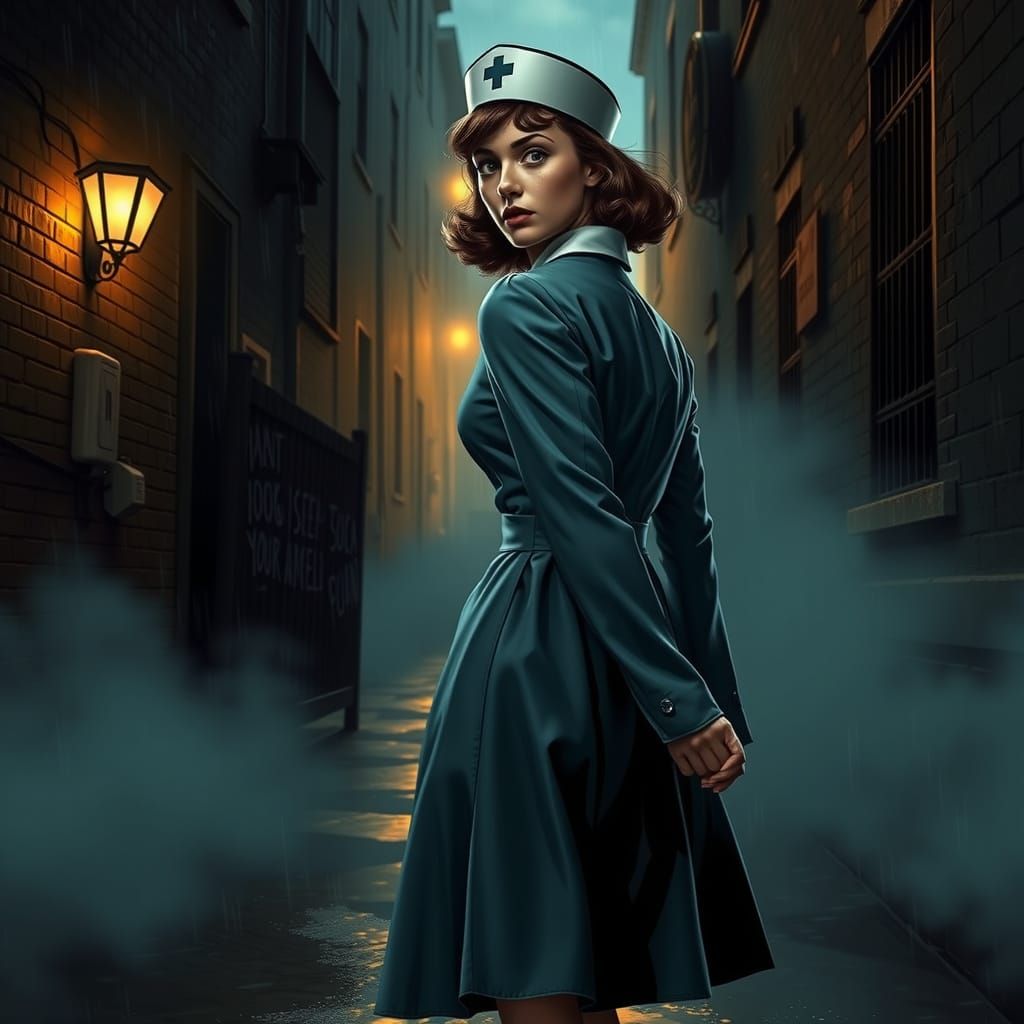 Mysterious Nurse in a Rain-Soaked Alleyway