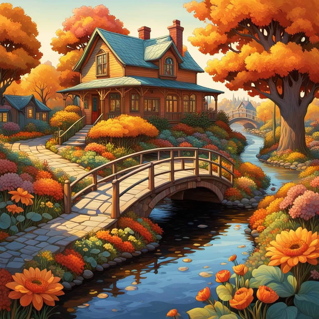 Naïve Art of Worker's House in Autumn Bloom