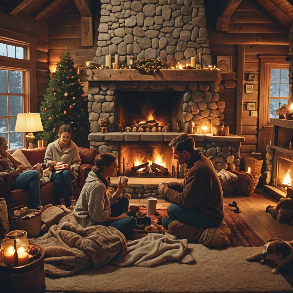 Cozy Family Gathering by Fireplace in Cabin