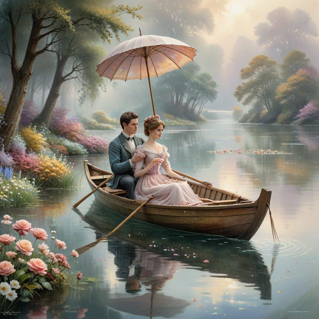 Victorian Couple in Rowboat, Ethereal Lake Scene