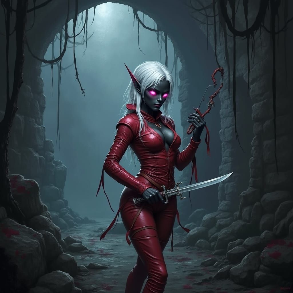 Drow Elf Lost in Forgotten City, Dark Fantasy Art