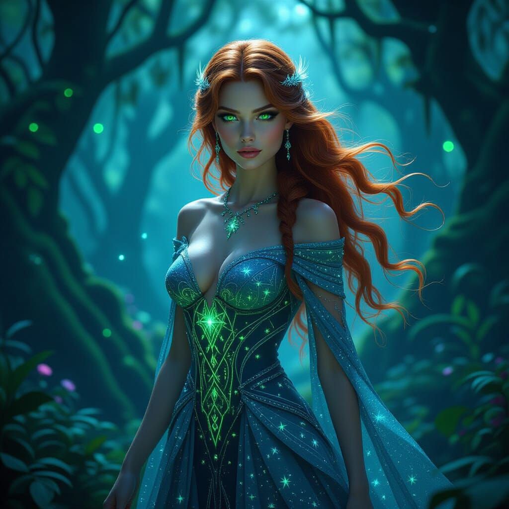 Nordic Goddess in Bioluminescent Forest, Digital Art