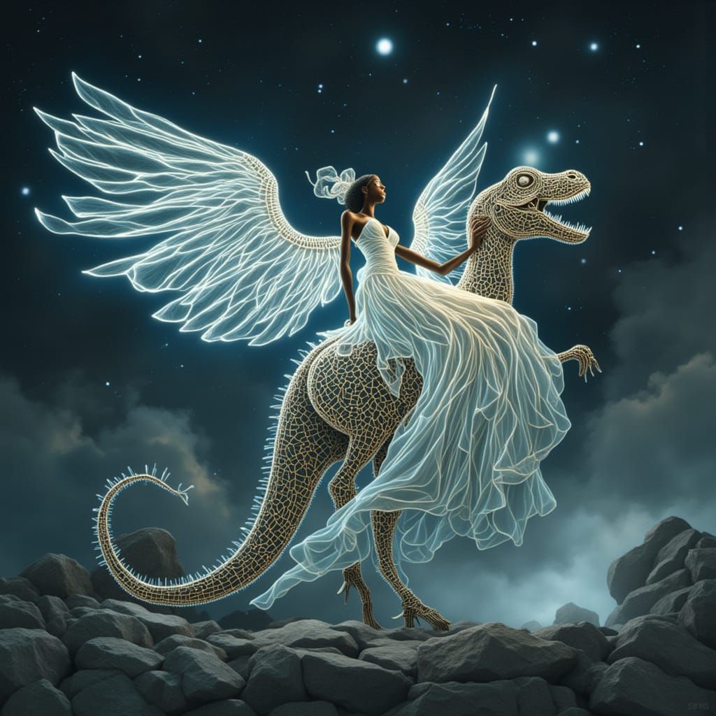 Ethereal Angel Rides Cybernetic Dragon in Cosmic Realm