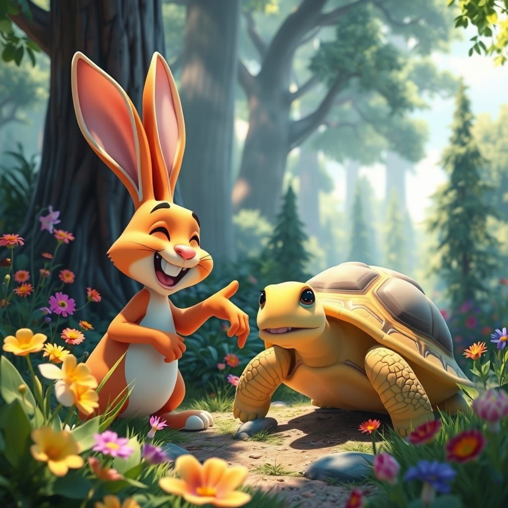Playful 3D Cartoon Forest Scene with Rabbit and Turtle