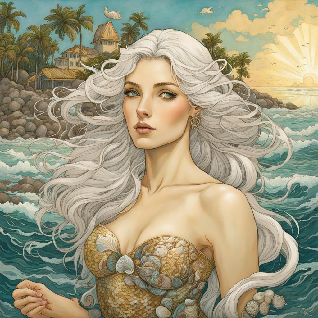 Mermaid with Seashell Hair in Illustrative Style
