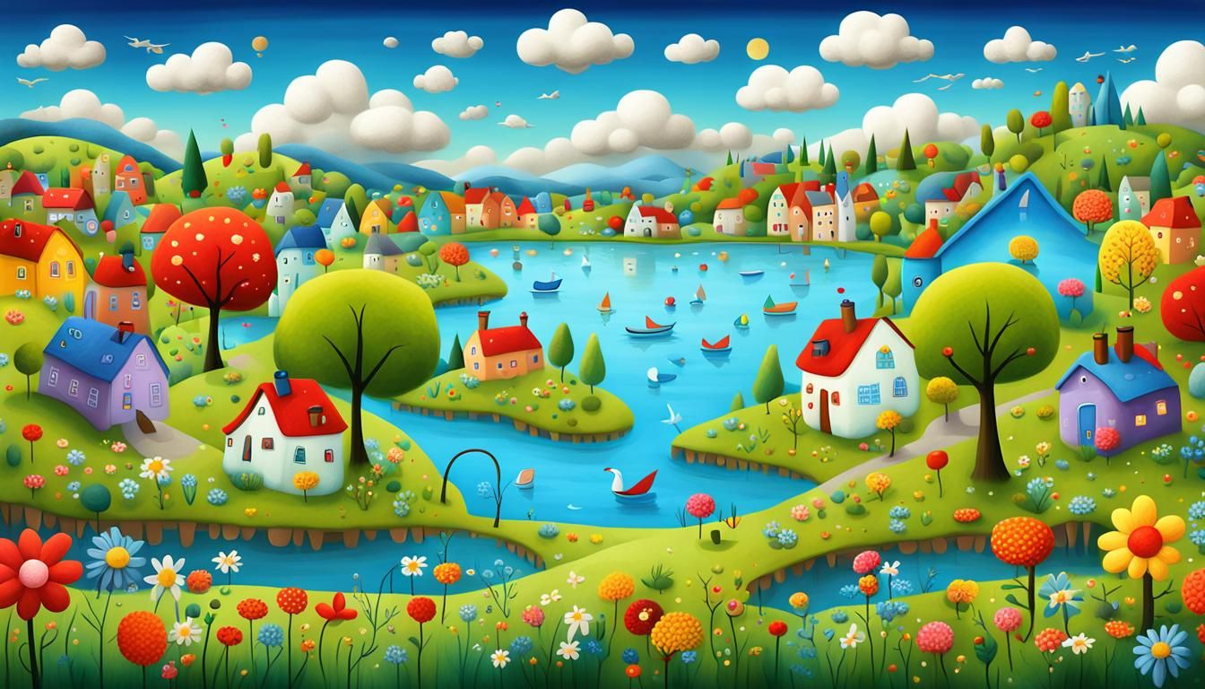 Naive Art Village Scene in Storybook Style