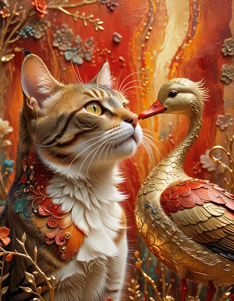 Majestic Cat and Duckling in Dreamlike Fantasy Style