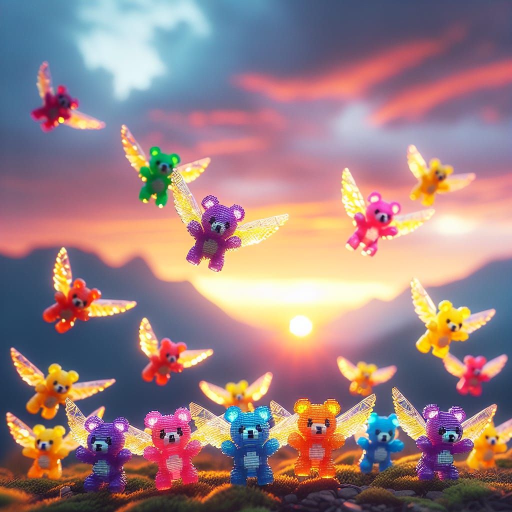 Geometric Toy Bears Soaring at Sunset