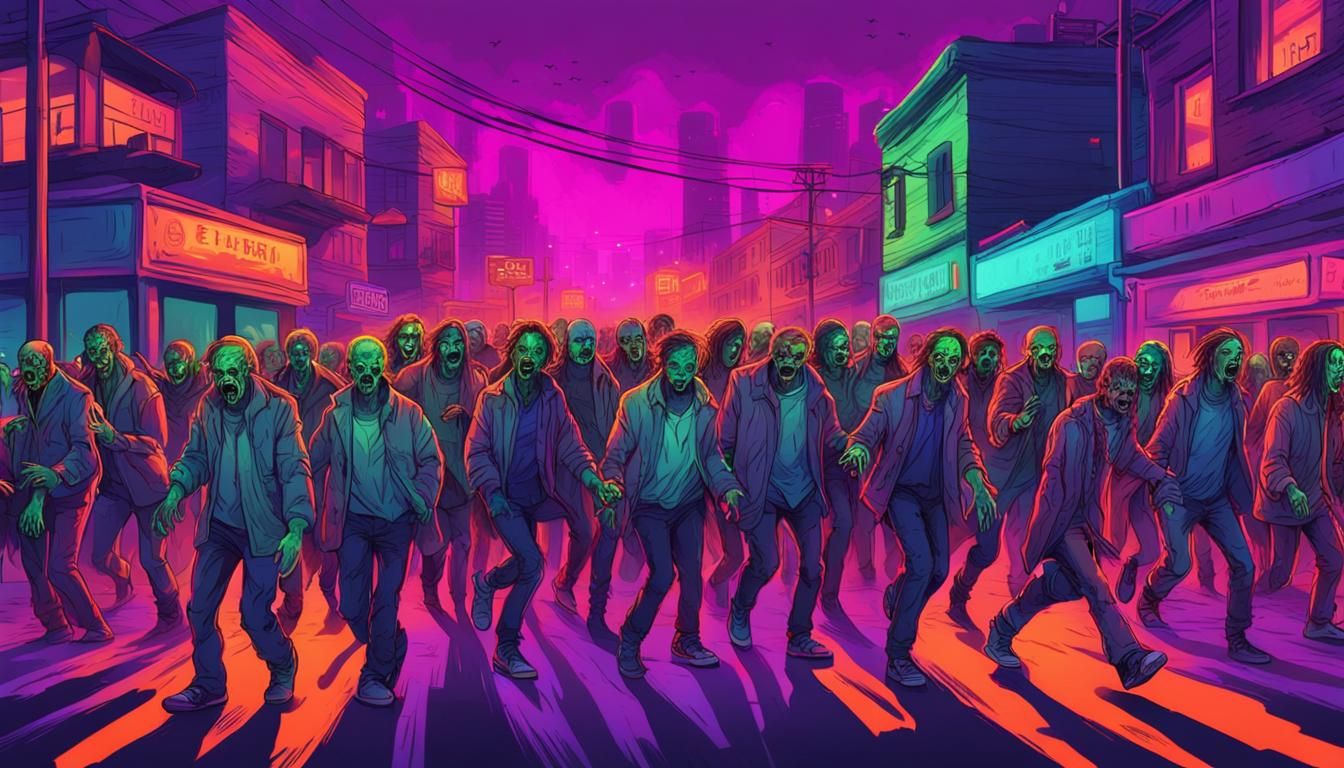Terrifying Zombie Horde in Burning City, Synthwave Style