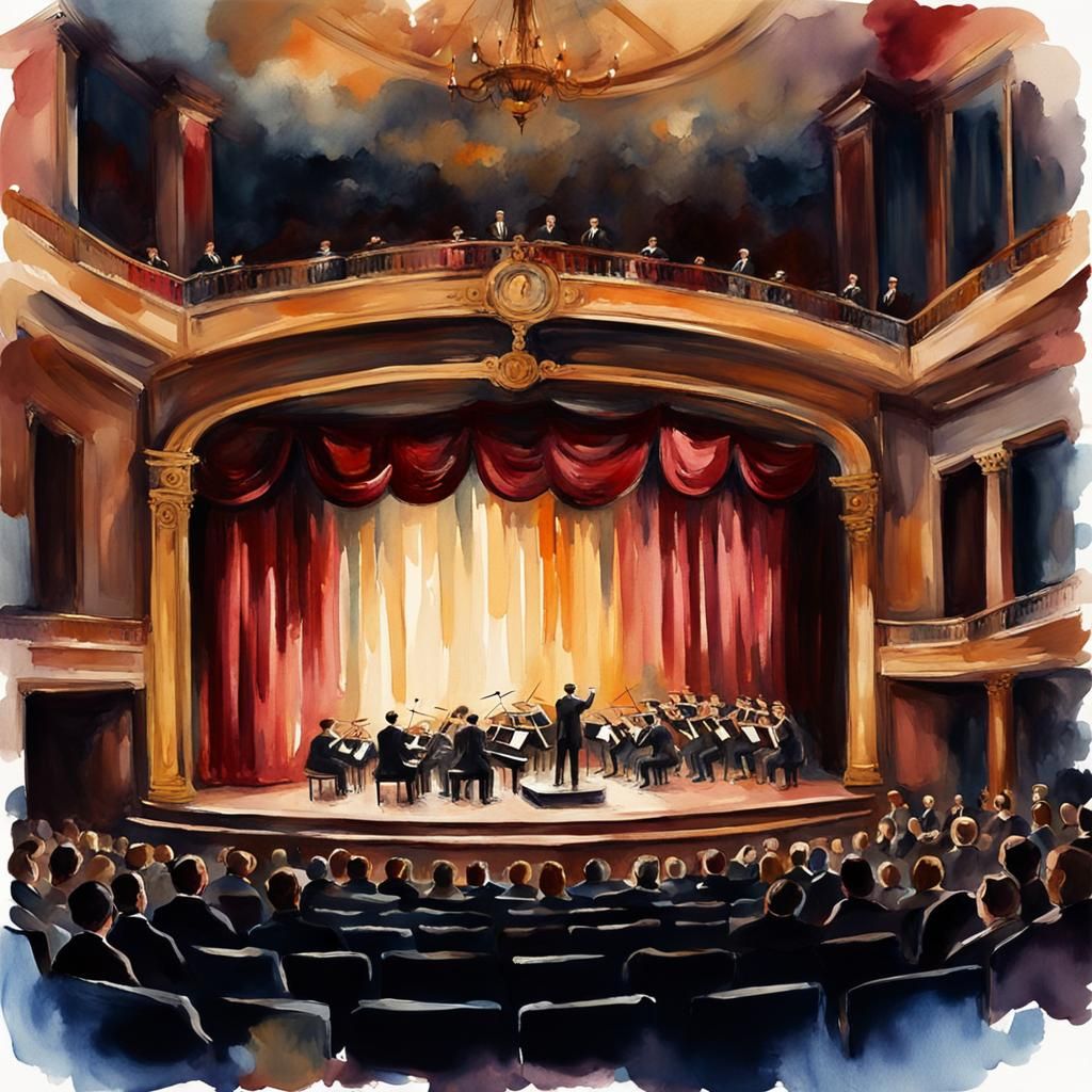 Orchestra on Stage in Loose Watercolor Style