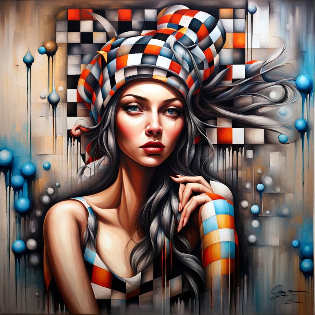 Abstract Woman with Checkered Headdress in Graffiti Style