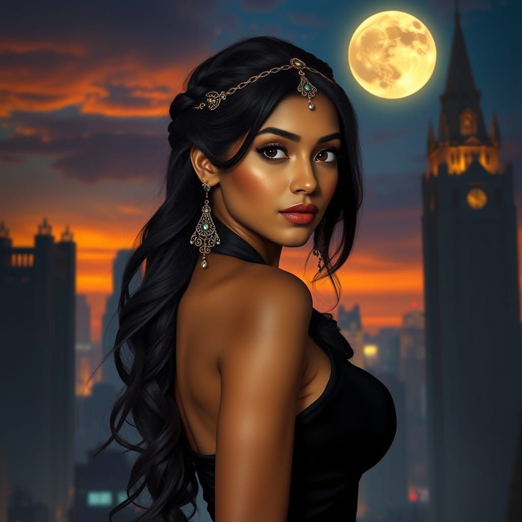 Sensual Delhi Woman in Cityscape with Full Moon